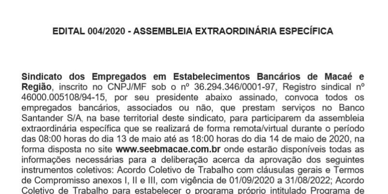 EDITAL 004/2020 - ASSEMBLEIA EXTRAORDINÁRIA ESPECÍFICA - Bancários vão deliberar sobre o acordo com o Banco Santander.