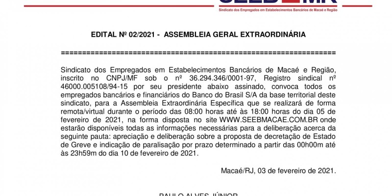 EDITAL 02/2021 - ASSEMBLEIA GERAL EXTRAORDINÁRIA
