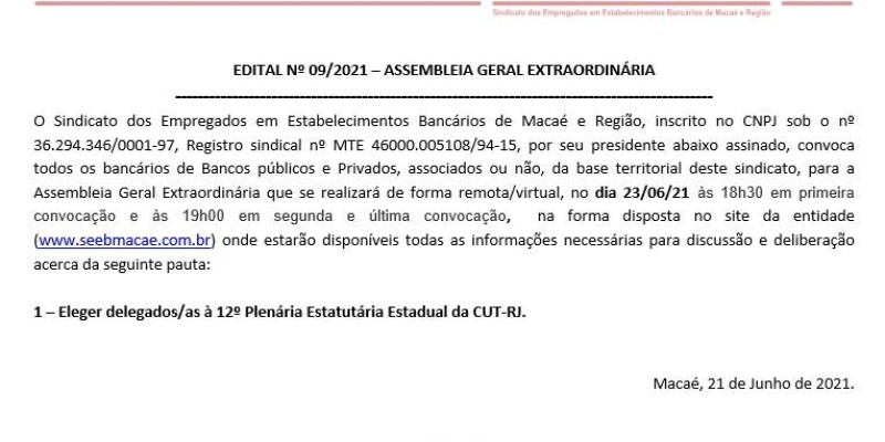 EDITAL Nº 09/2021 – ASSEMBLEIA GERAL EXTRAORDINÁRIA