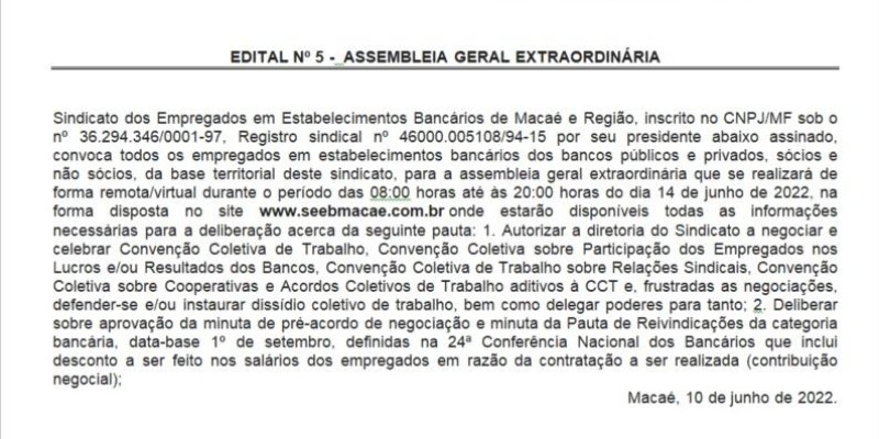 EDITAL Nº 5 -  ASSEMBLEIA GERAL EXTRAORDINÁRIA