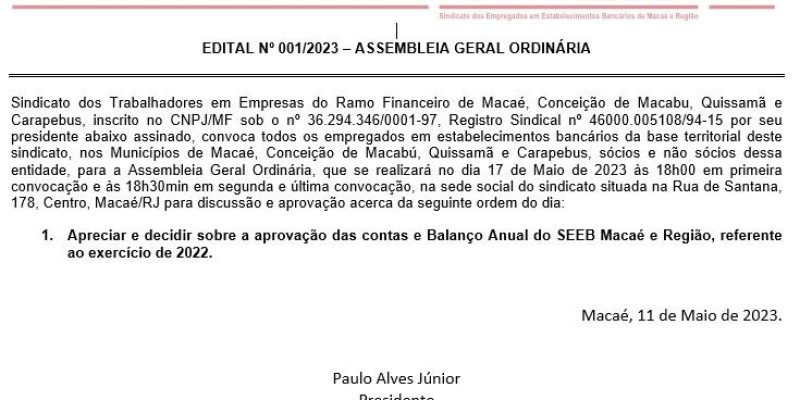 EDITAL Nº 001/2023 – ASSEMBLEIA GERAL ORDINÁRIA