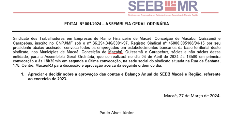 EDITAL Nº 001/2024 – ASSEMBLEIA GERAL ORDINÁRIA