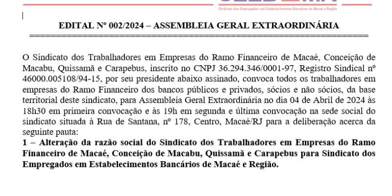 EDITAL Nº 002/2024 – ASSEMBLEIA GERAL EXTRAORDINÁRIA