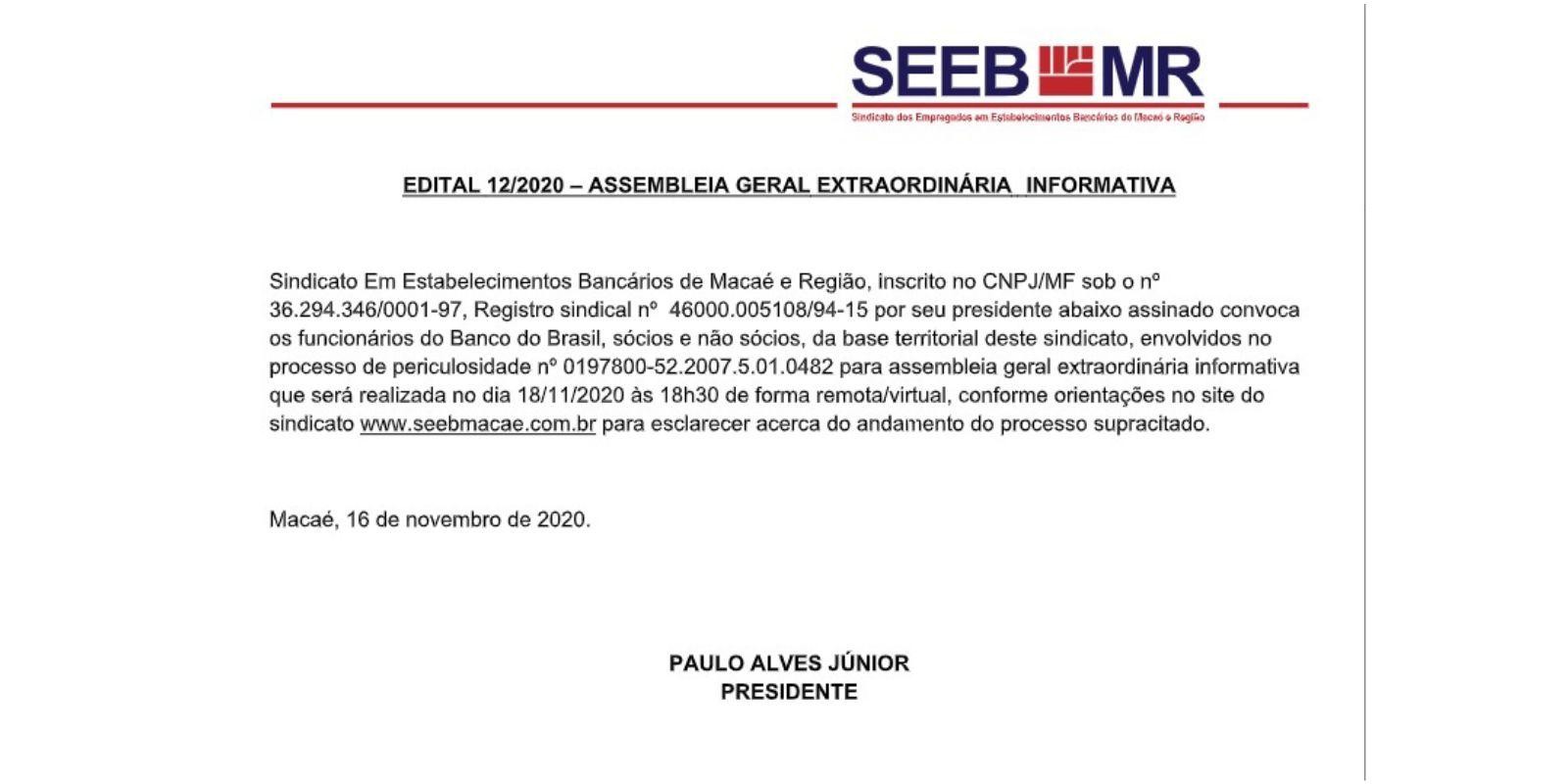 EDITAL 12/2020 – ASSEMBLEIA GERAL EXTRAORDINÁRIA INFORMATIVA - 18/11/2020