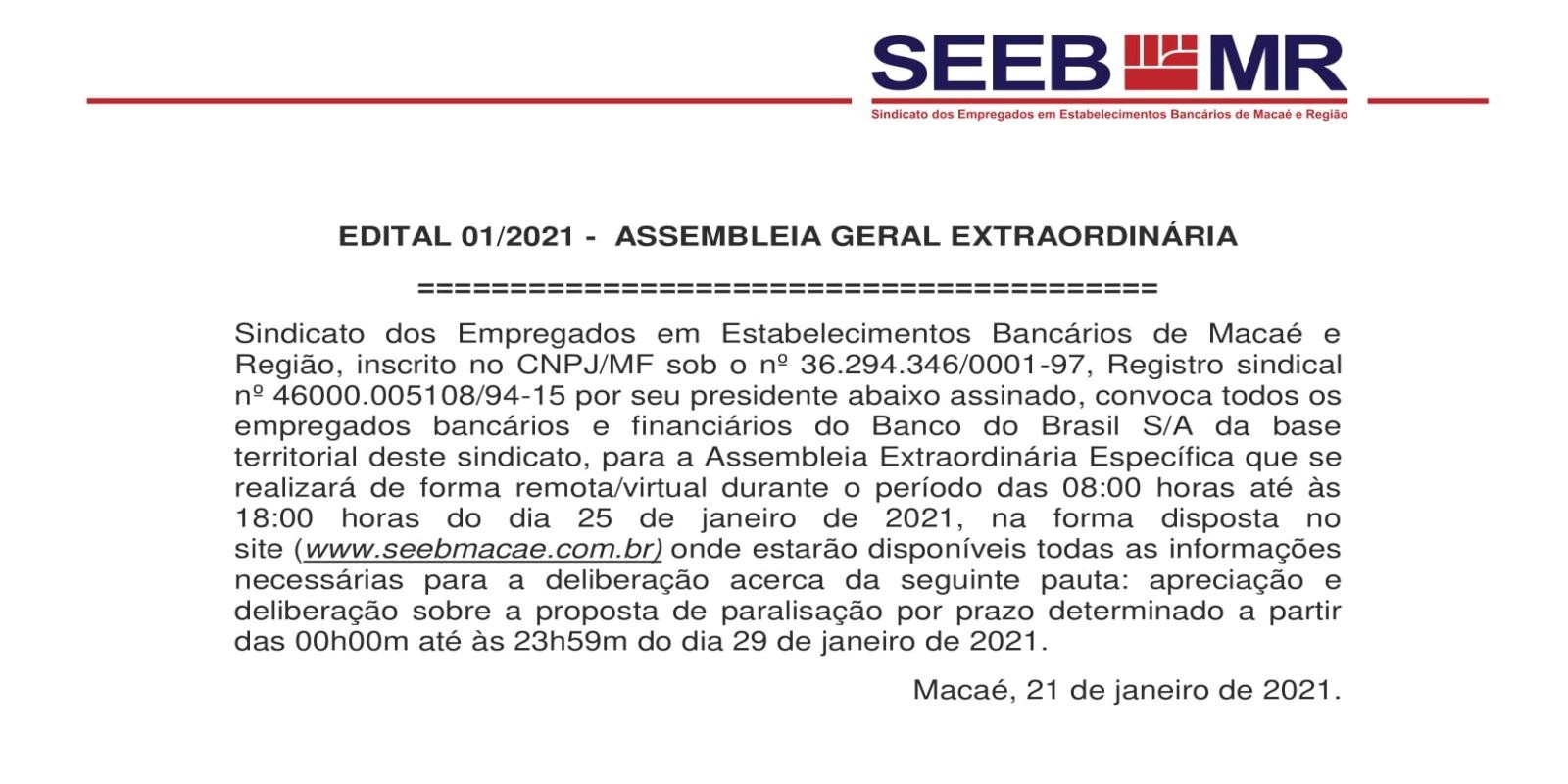 EDITAL 01/2021 - ASSEMBLEIA GERAL EXTRAORDINÁRIA