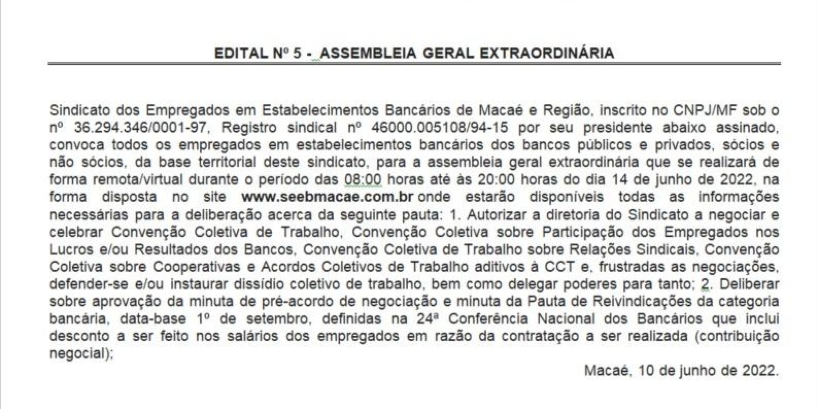 EDITAL Nº 5 -  ASSEMBLEIA GERAL EXTRAORDINÁRIA