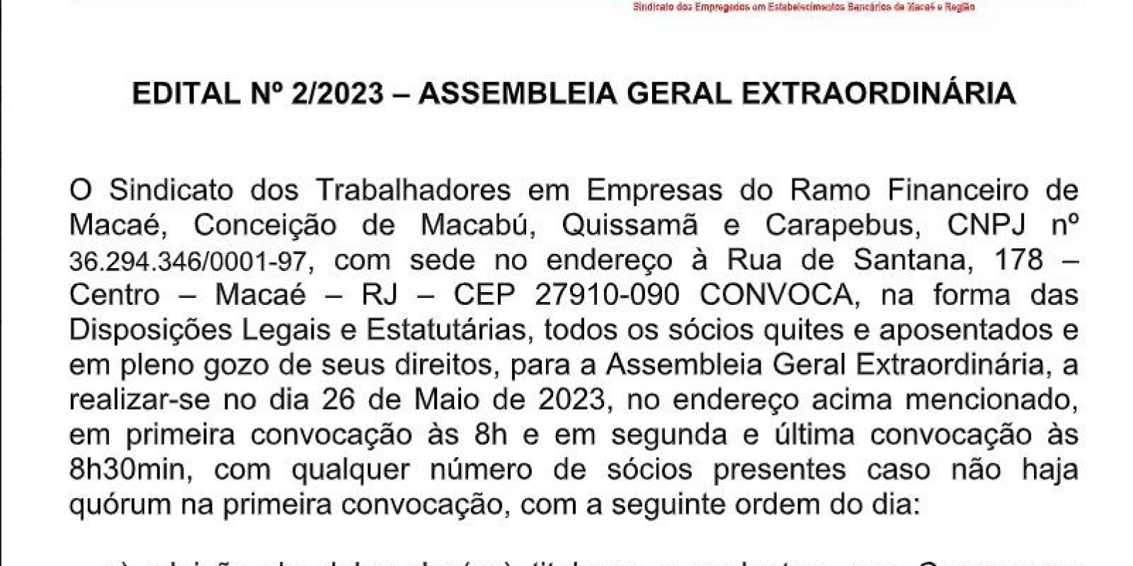 EDITAL Nº 2/2023 – ASSEMBLEIA GERAL EXTRAORDINÁRIA