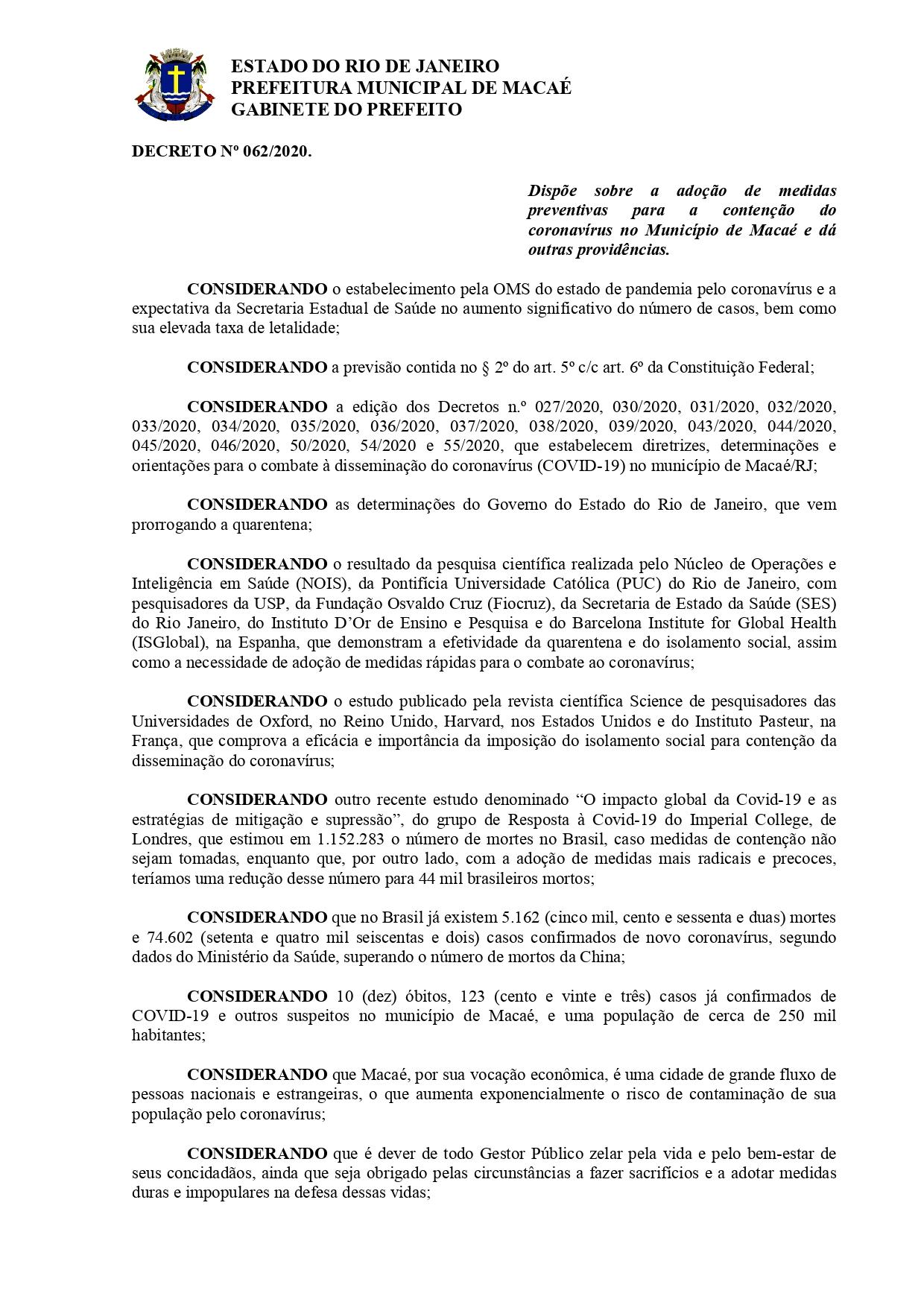Decreto 062-2020  Uso obrigatório de mascaras pelos clientes