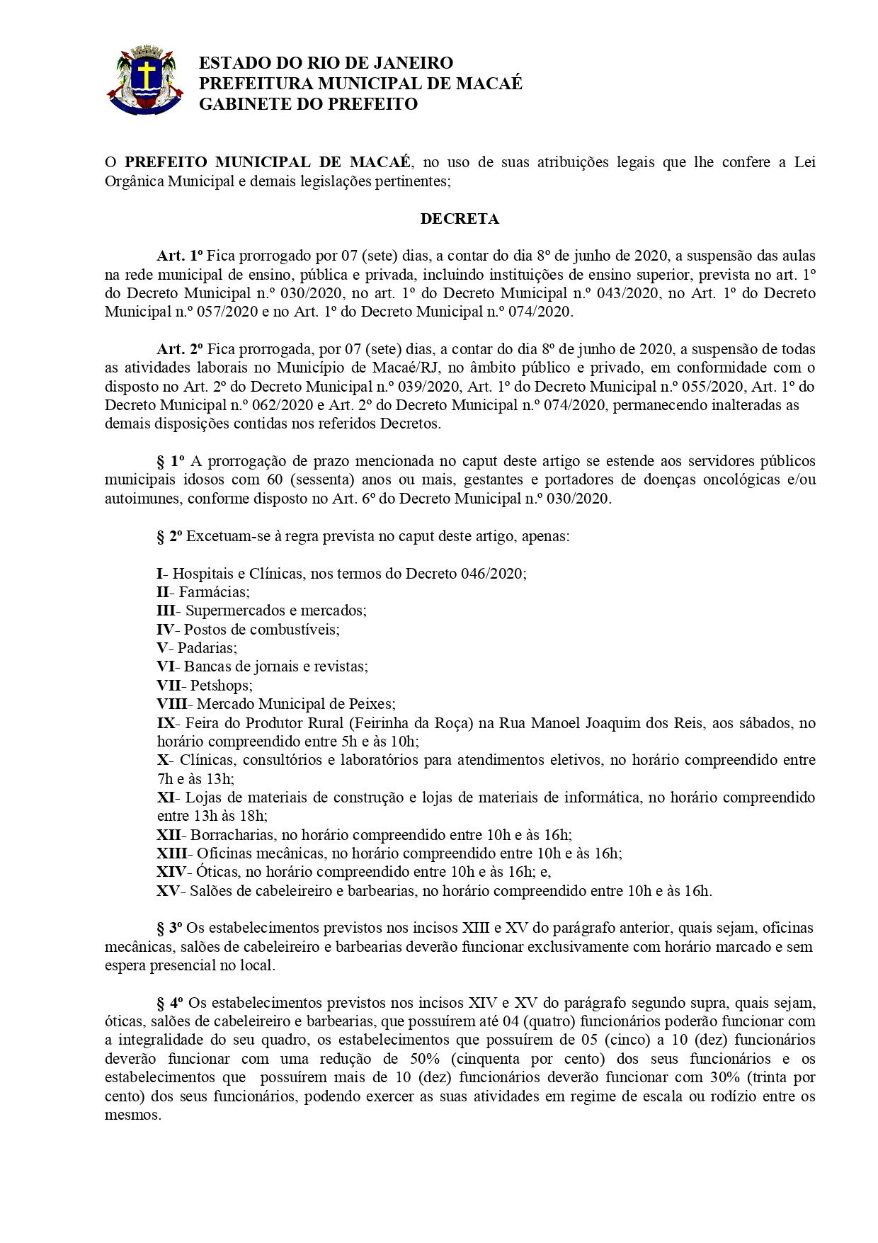 Decreto 080/2020 editado nesta sexta-feira (05) pela Prefeitura de Macaé, prorroga a suspenção das atividades laborais no município