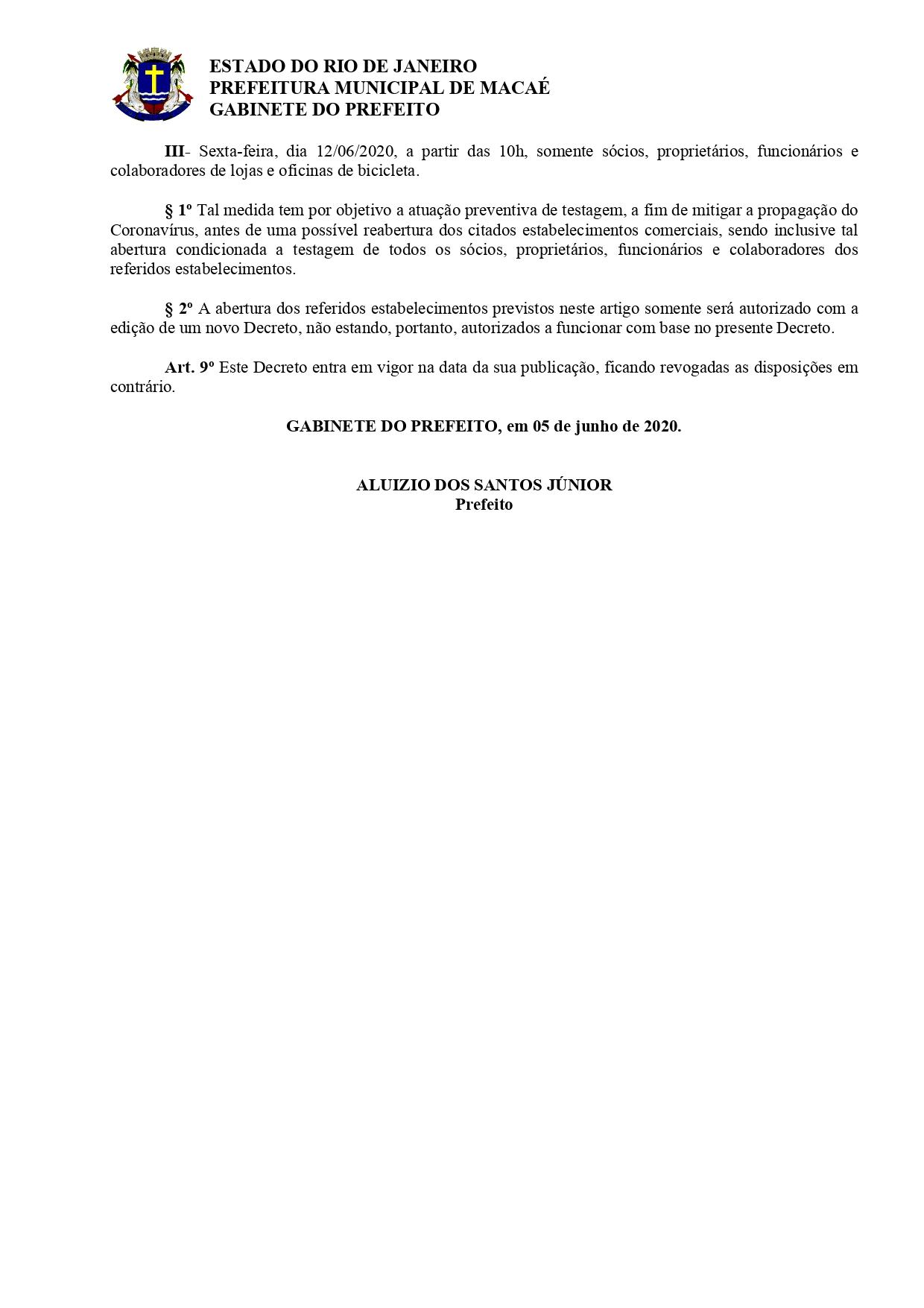 Decreto 080/2020 editado nesta sexta-feira (05) pela Prefeitura de Macaé, prorroga a suspenção das atividades laborais no município