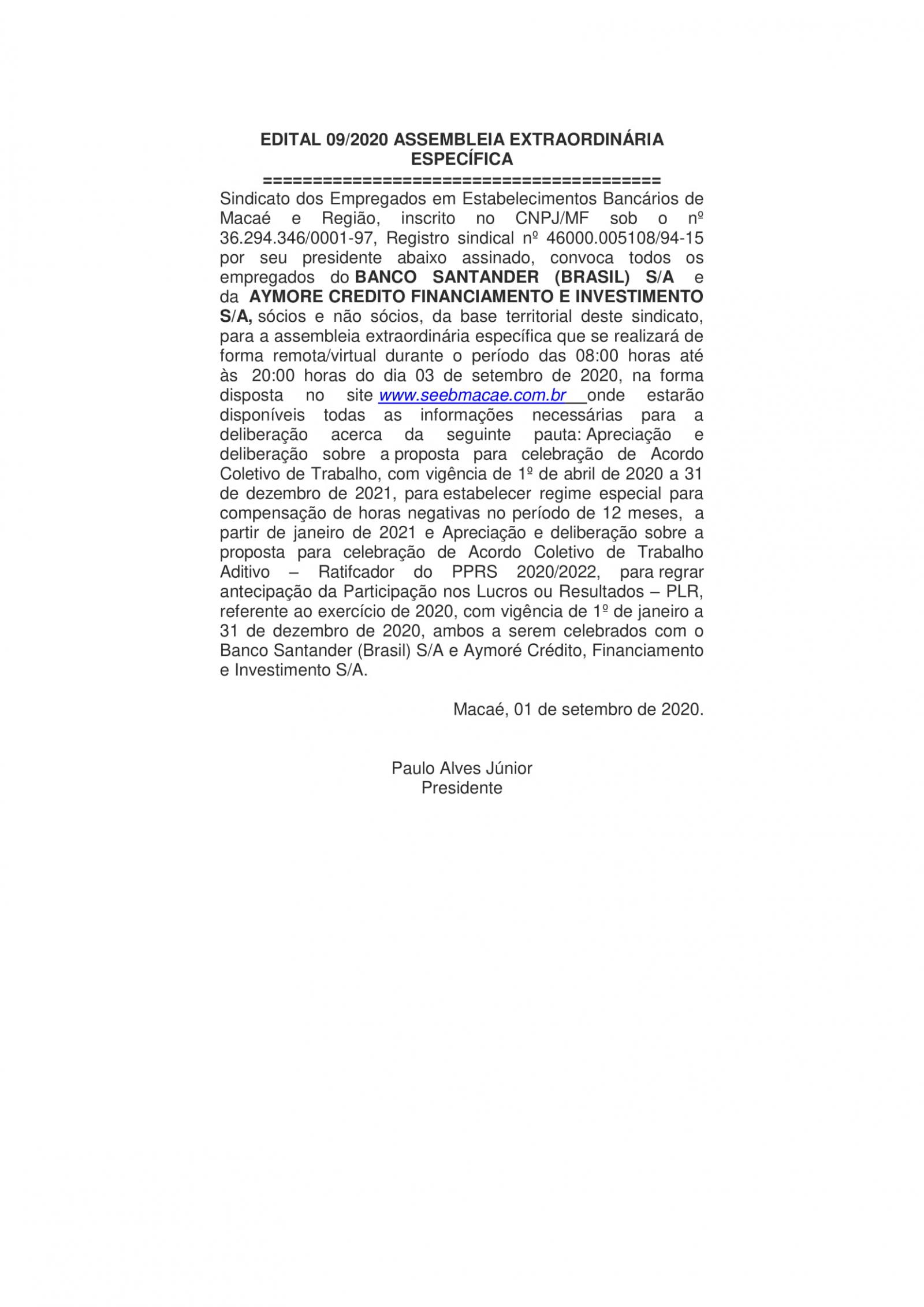 EDITAL 09/2020 ASSEMBLEIA EXTRAORDINÁRIA ESPECÍFICA