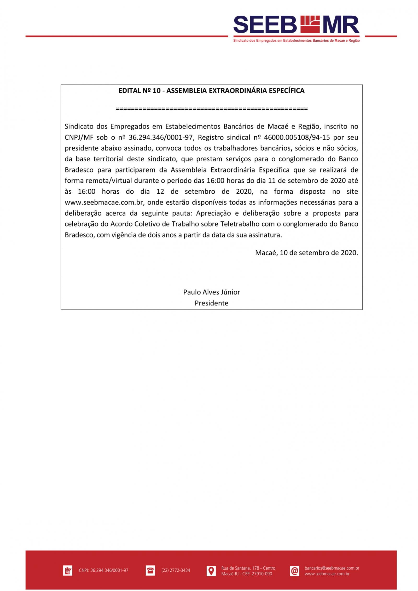 EDITAL Nº 10 - ASSEMBLEIA EXTRAORDINÁRIA ESPECÍFICA