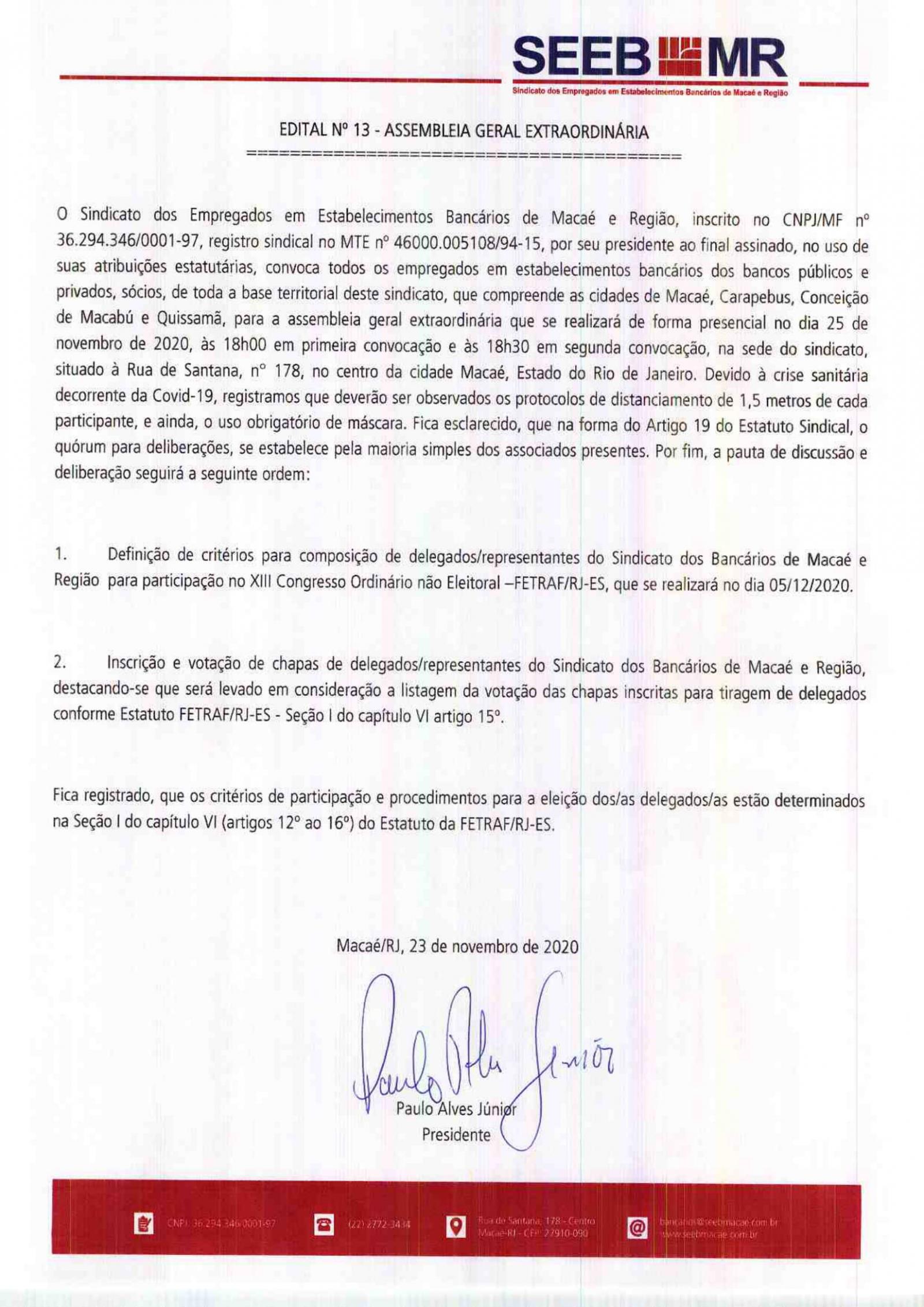 EDITAL Nº 13 - ASSEMBLEIA GERAL EXTRAORDINARIA