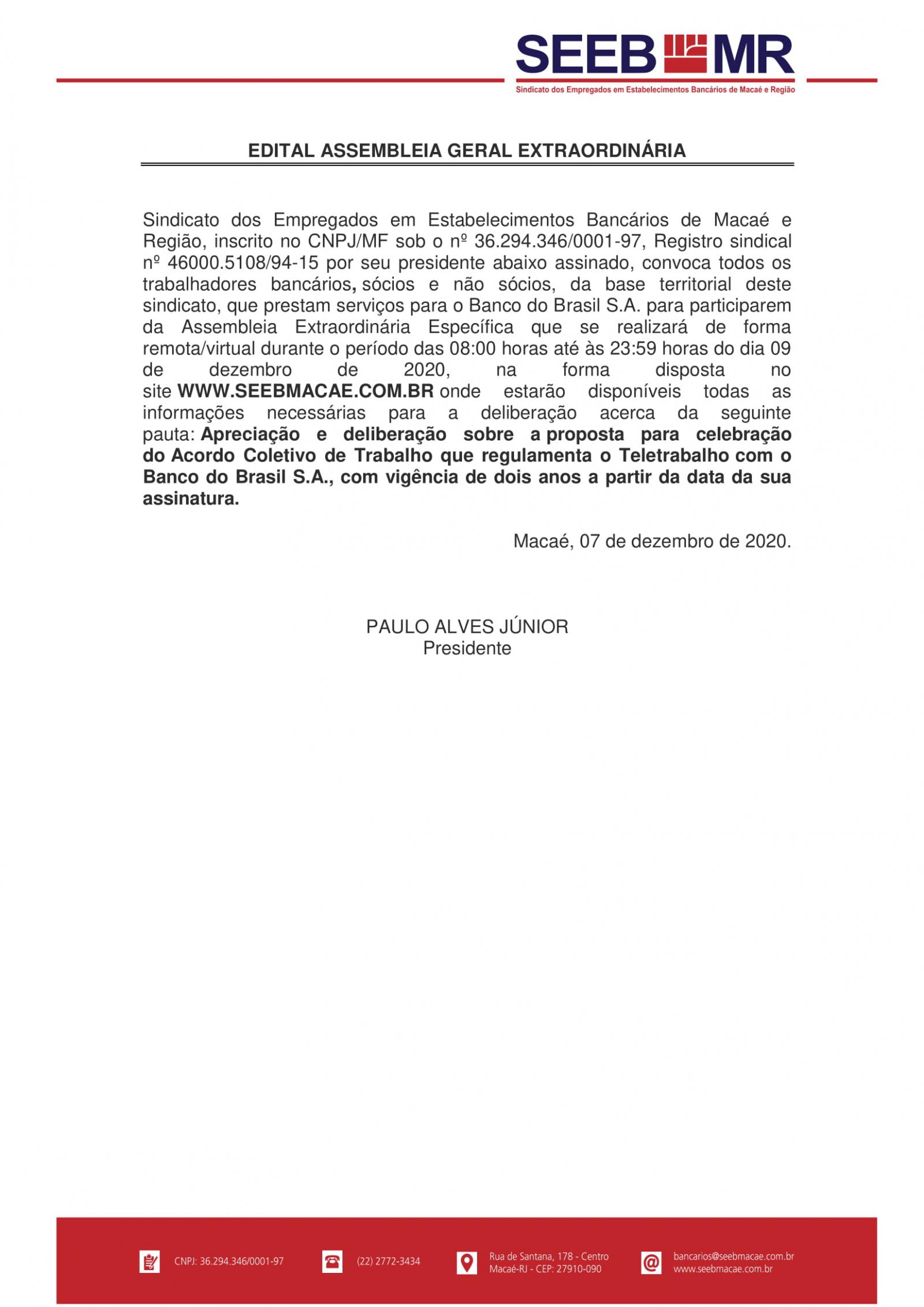 Banco do Brasil: Sindicato convoca para assembleia online