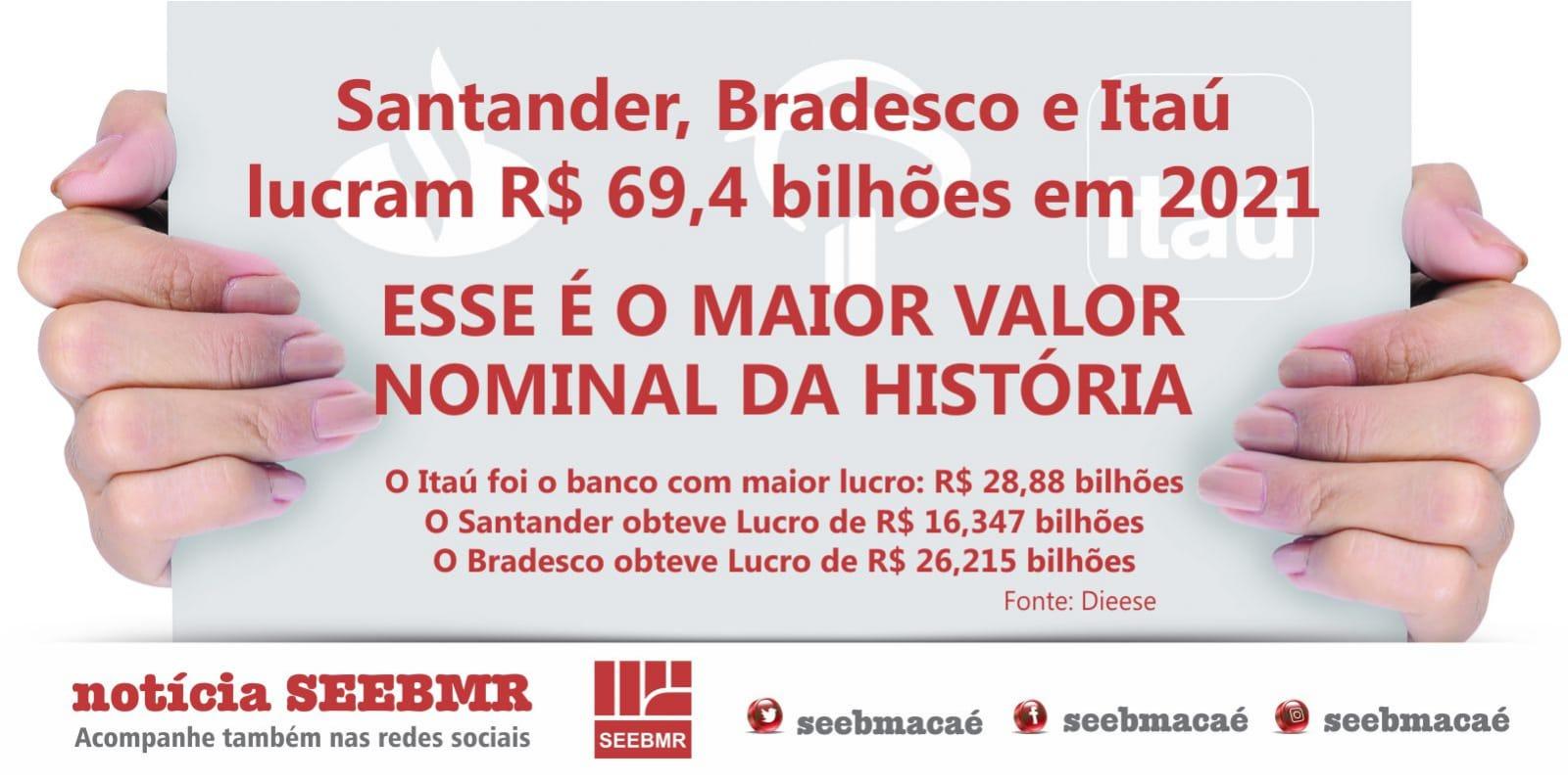 Santander, Bradesco e Itaú lucram R$ 69,4 bilhões em 2021 - SEEBMR