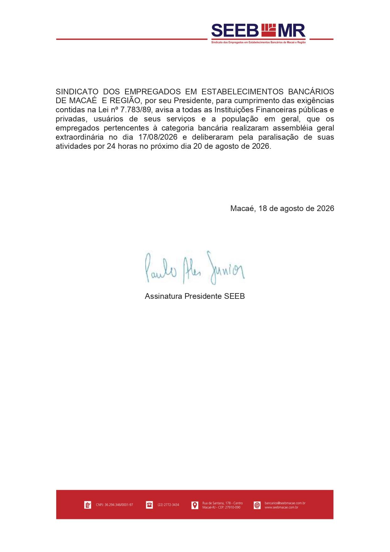 PARALISAÇÃO DIA 20 DE AGOSTO DE 2026